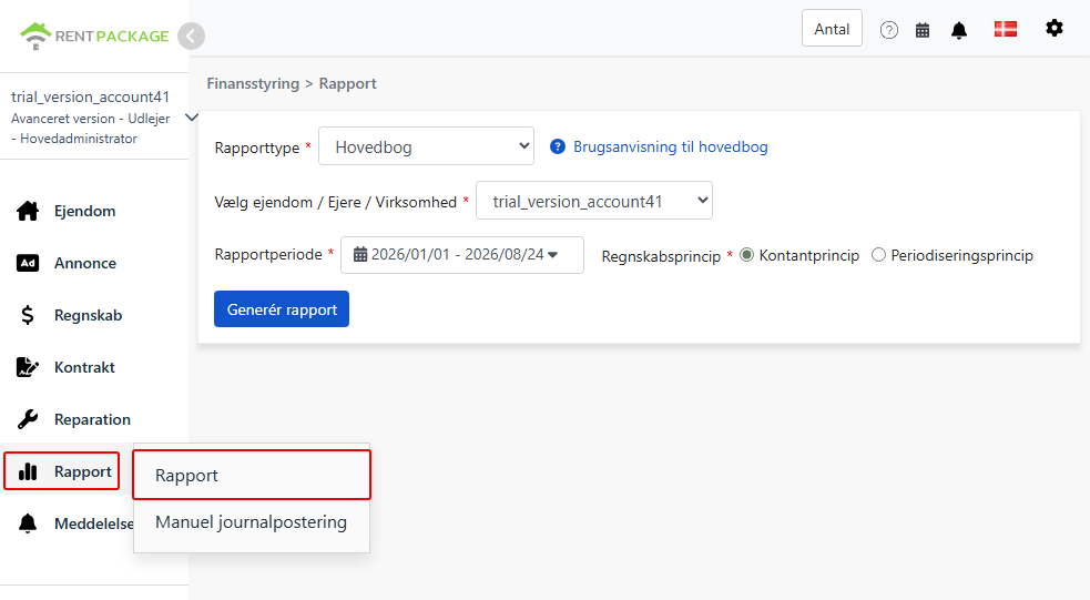 Gå til rapportsiden fra rapportsnmenuen og vælg Hovedbog