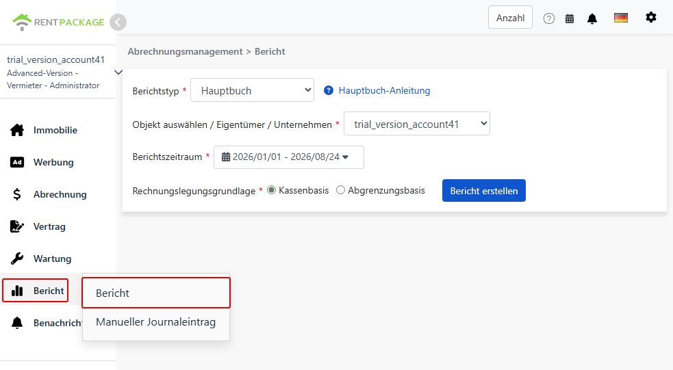 Gehen Sie über das Berichtmenü zur Berichtseite und wählen Sie das Hauptbuch.