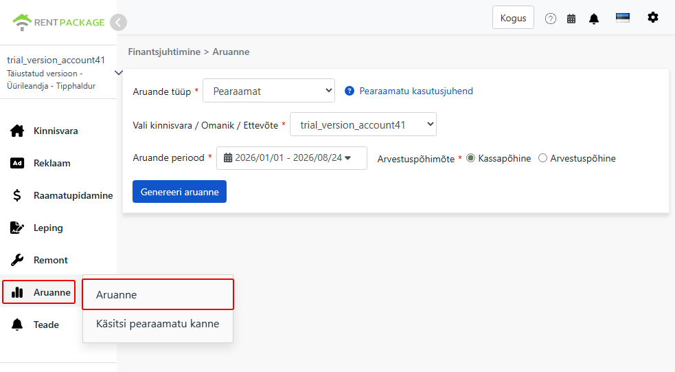 Sisenedes aruannete menüüsse, valige üldraamat.