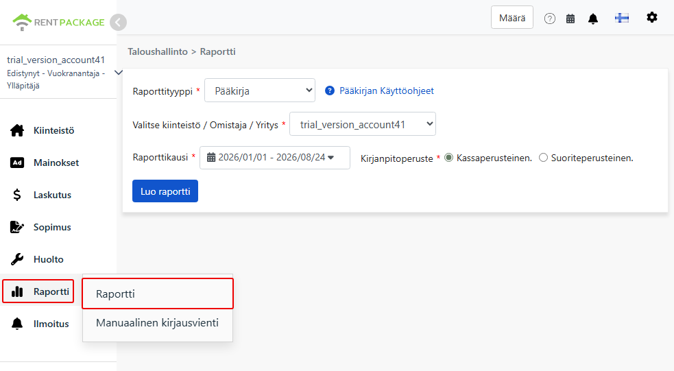 Siirry raporttisivulle raporttivalikosta ja valitse pääkirja
