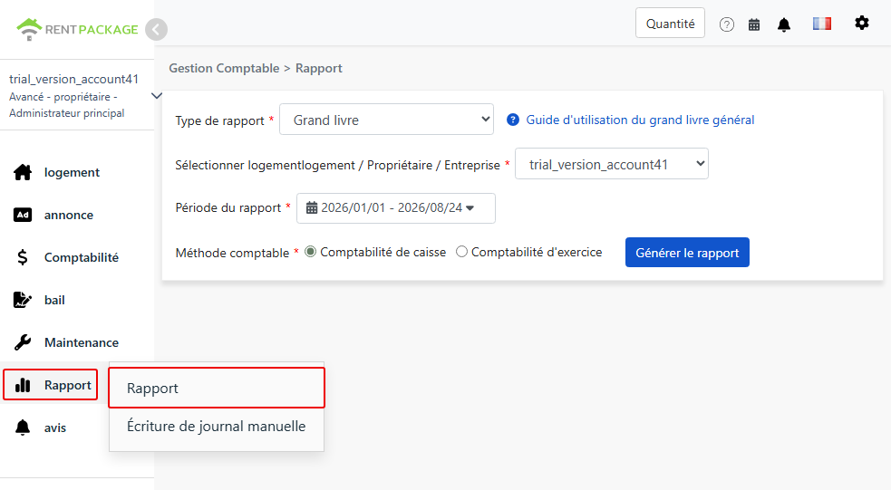 Accédez à la page des rapports depuis le menu Rapports et sélectionnez le Grand Livre.