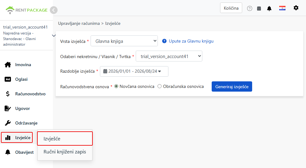 Iz izbornika izvješća otvorite stranicu izvješća i odaberite glavnu knjigu