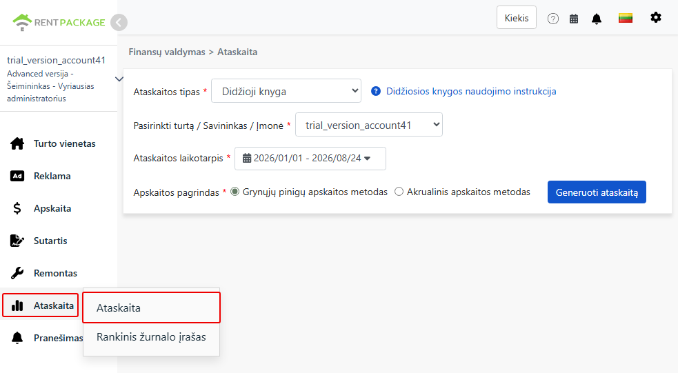 Iš ataskaitų meniu prisijunkite prie ataskaitų puslapio, pasirinkite bendrąją knygą