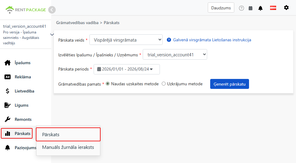 No pārskatu izvēlnes pārejiet uz pārskatu lapu un izvēlieties Vispārējās virsgrāmatas.