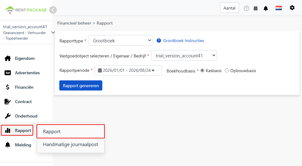 Ga via het rapportagemenu naar het rapportagescherm en kies grootboek.
