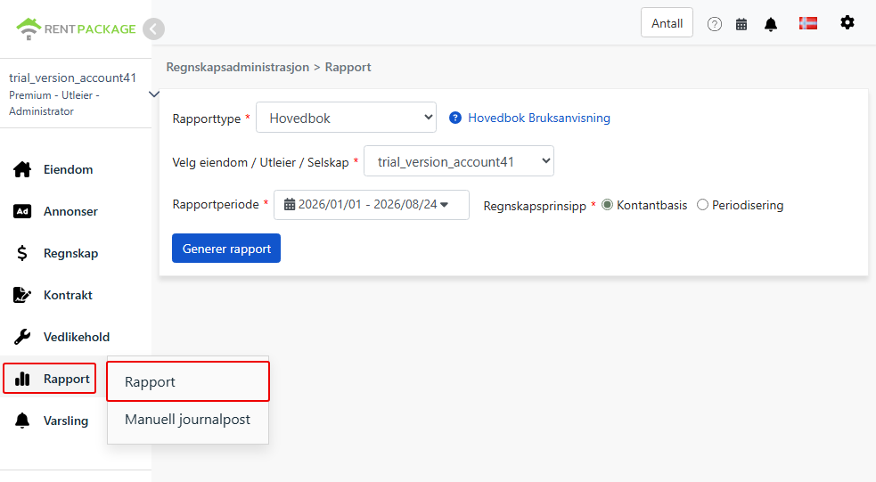 Gå til rapportsiden via rapportmenyen, velg hovedboksgjennomgang