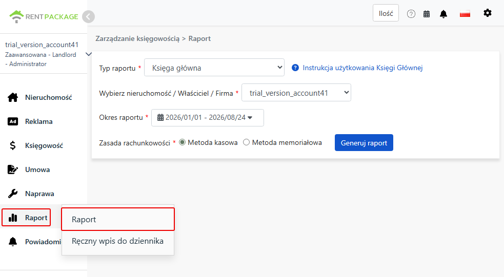 Przejdź na stronę raportów z menu raportów i wybierz Główną Księgę