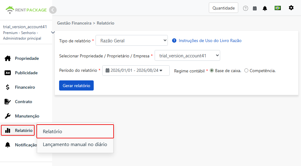 Acesse a página de relatórios a partir do menu de relatórios, selecione Livro Razão Geral