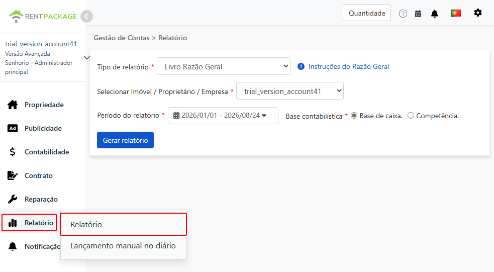 Aceda à página de relatórios a partir do menu de relatórios e selecione o balancete.