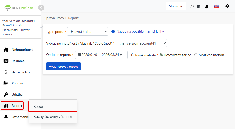 Prejdite na stránku reportov cez ponuku reportov a vyberte Hlavnú knihu.