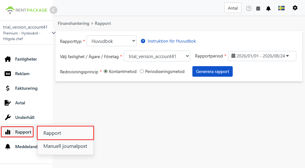 Gå in på rapportsidan från menyn och välj huvudbok