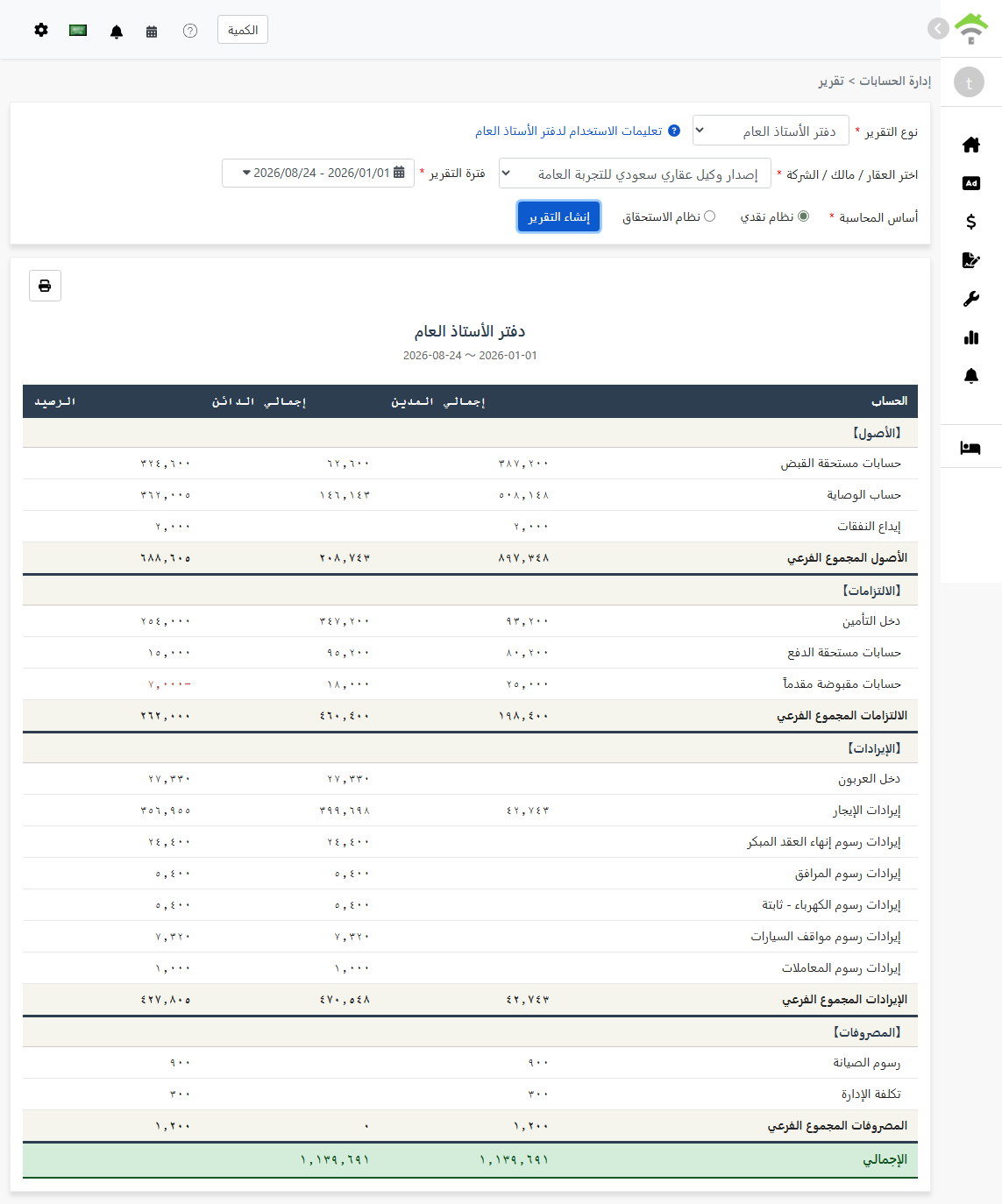 تقرير دفتر الأستاذ العام: الأصول، الخصوم، حقوق الملكية، الإيرادات، والنفقات مع المجموع المتوازن للخصوم والحقوق.