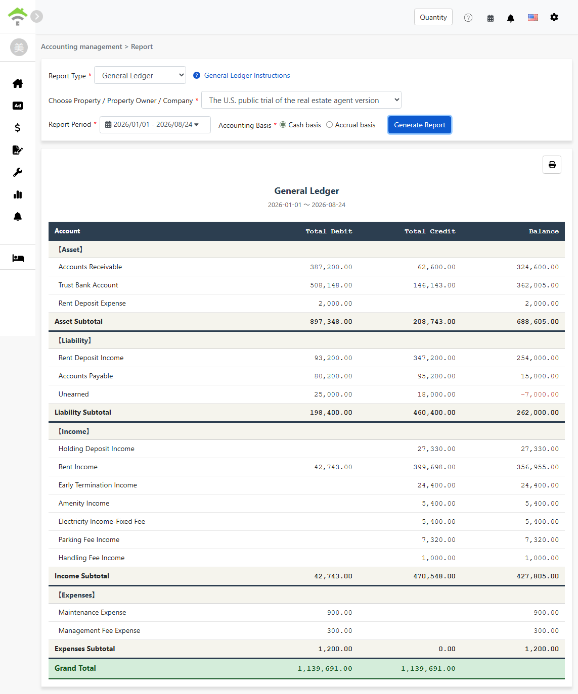 General Ledger Report: Five main sections—Assets, Liabilities, Owner's Equity, Revenue, Expenses—and balanced totals.