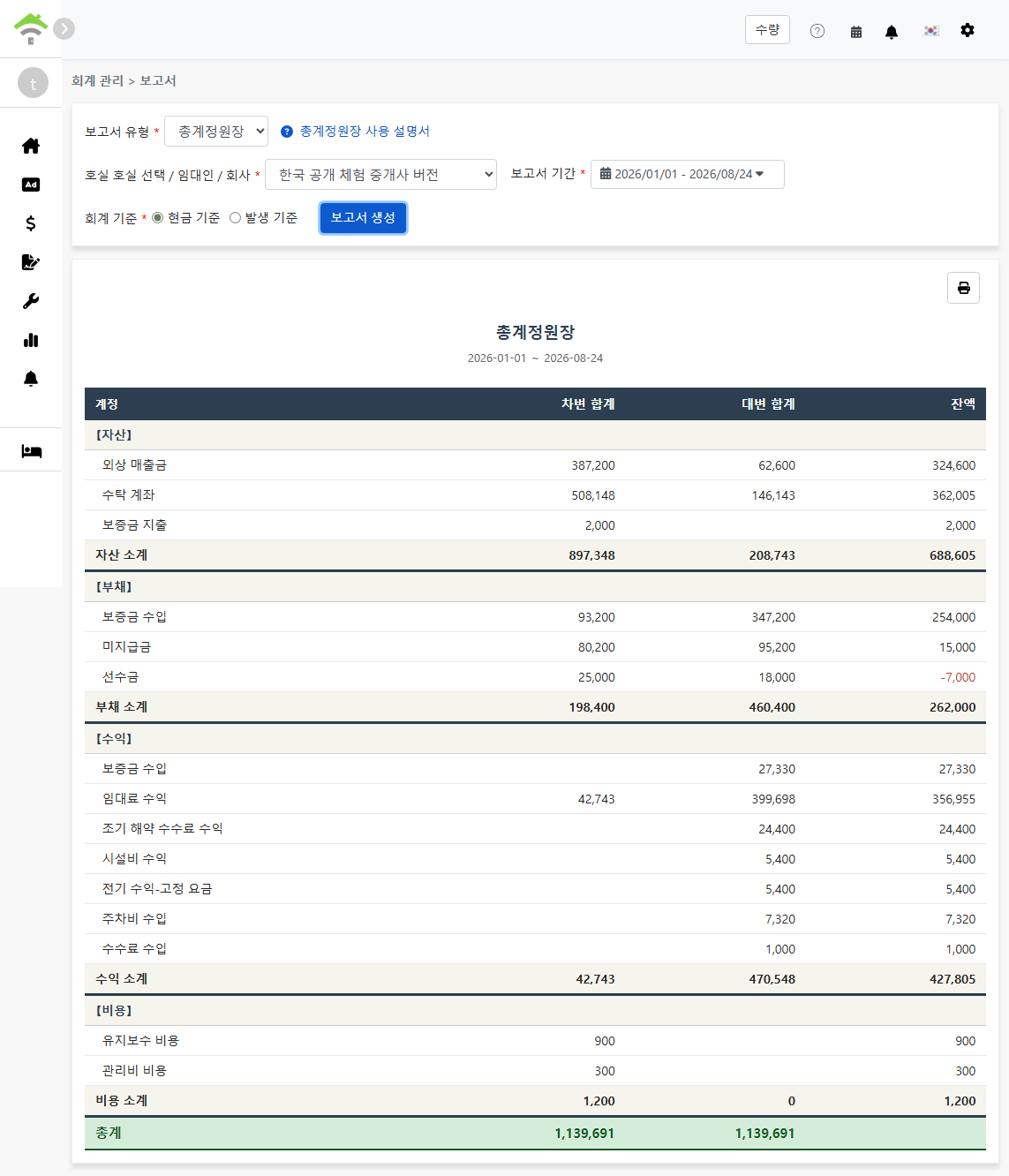 총계정원장 보고서: 자산, 부채, 소유주 지분, 수익, 비용의 5대 구역 및 차입/대출 합계