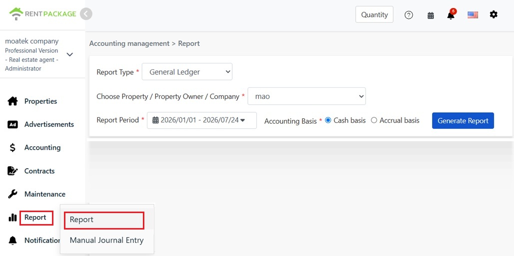 Enter the reports page from the menu and select the General Ledger.