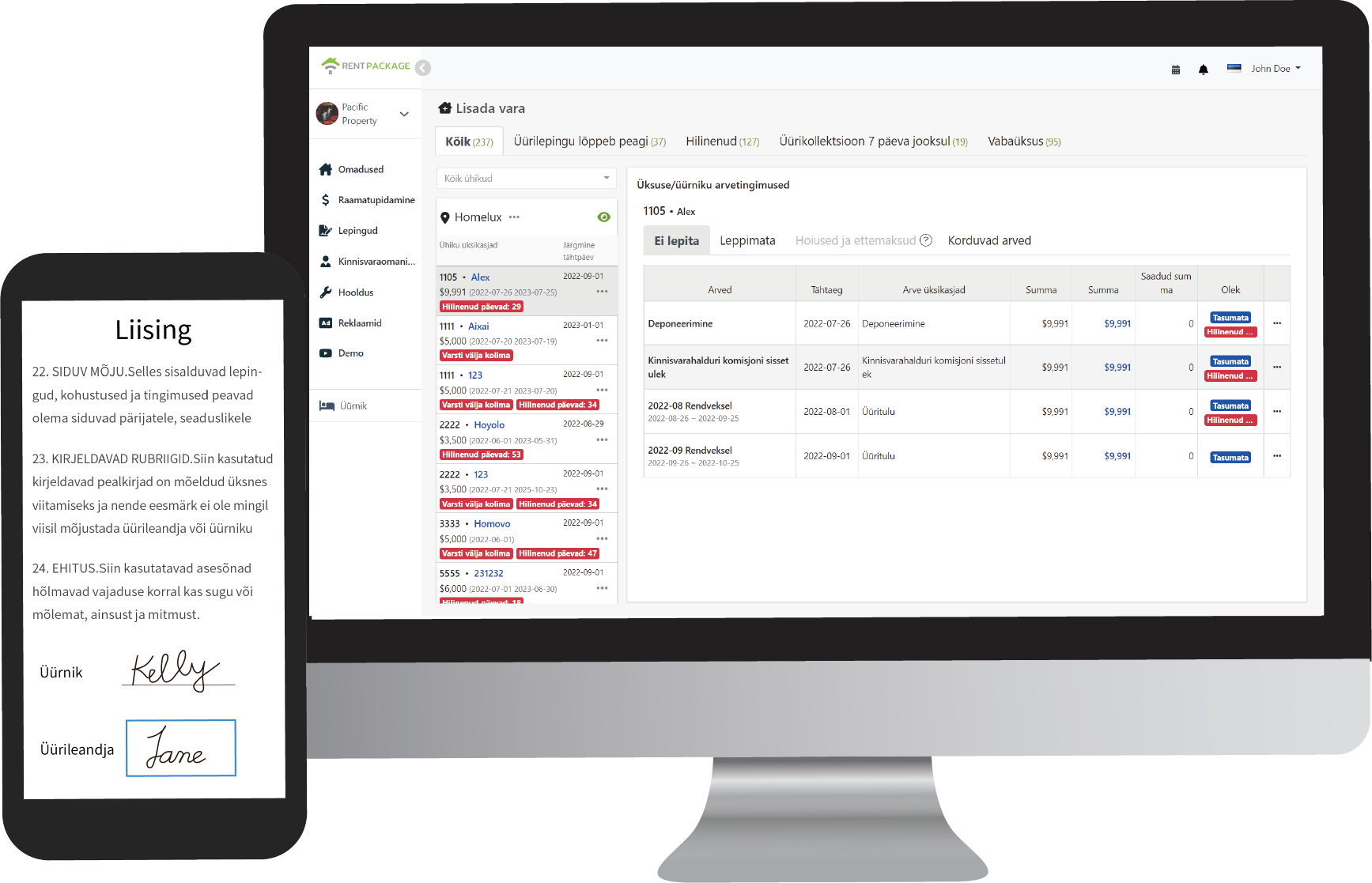 RentPackage kinnisvarahaldustarkvara kasutajaliidese eelvaade