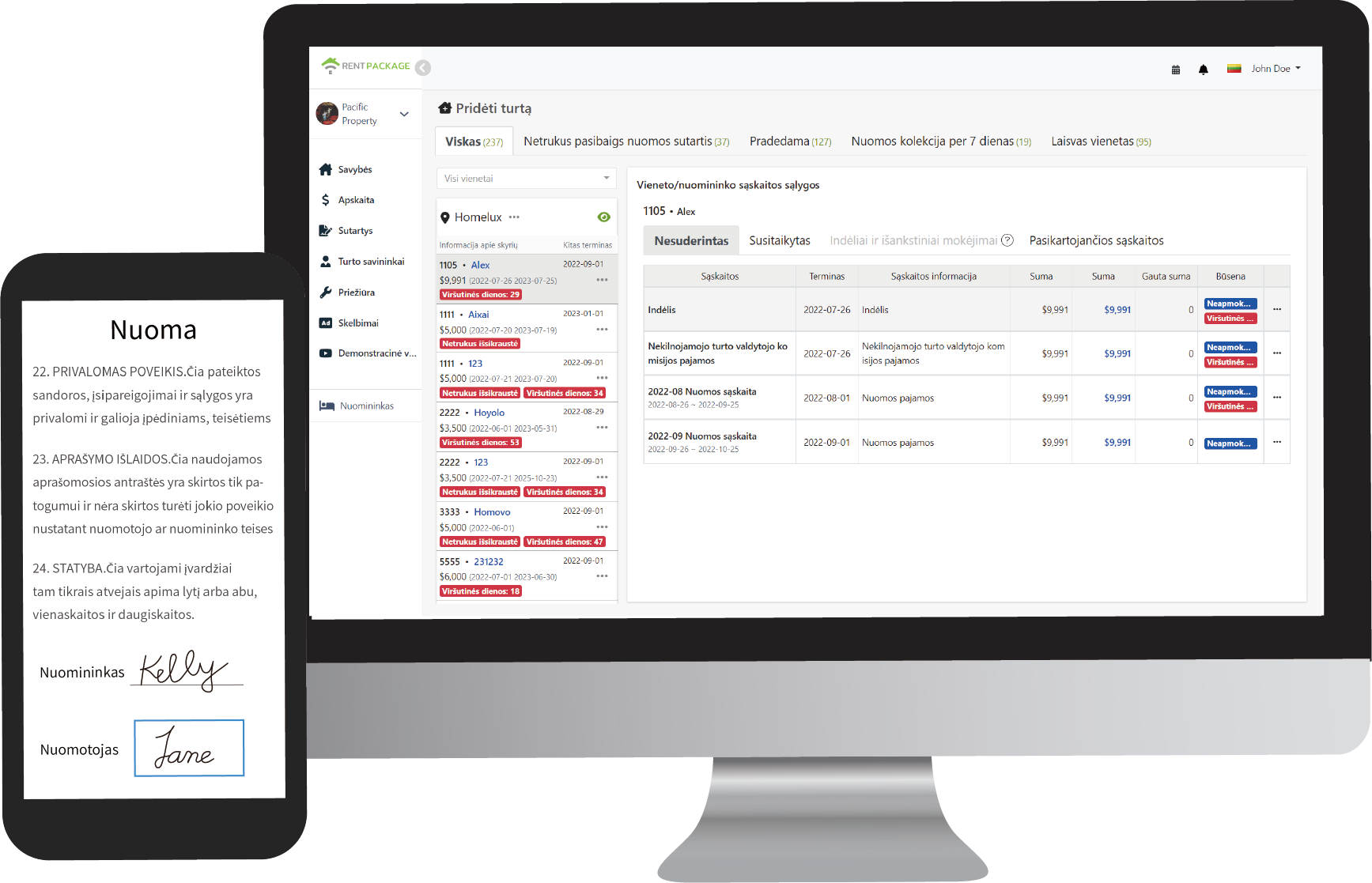 RentPackage nekilnojamojo turto valdymo programinės įrangos sąsajos peržiūra