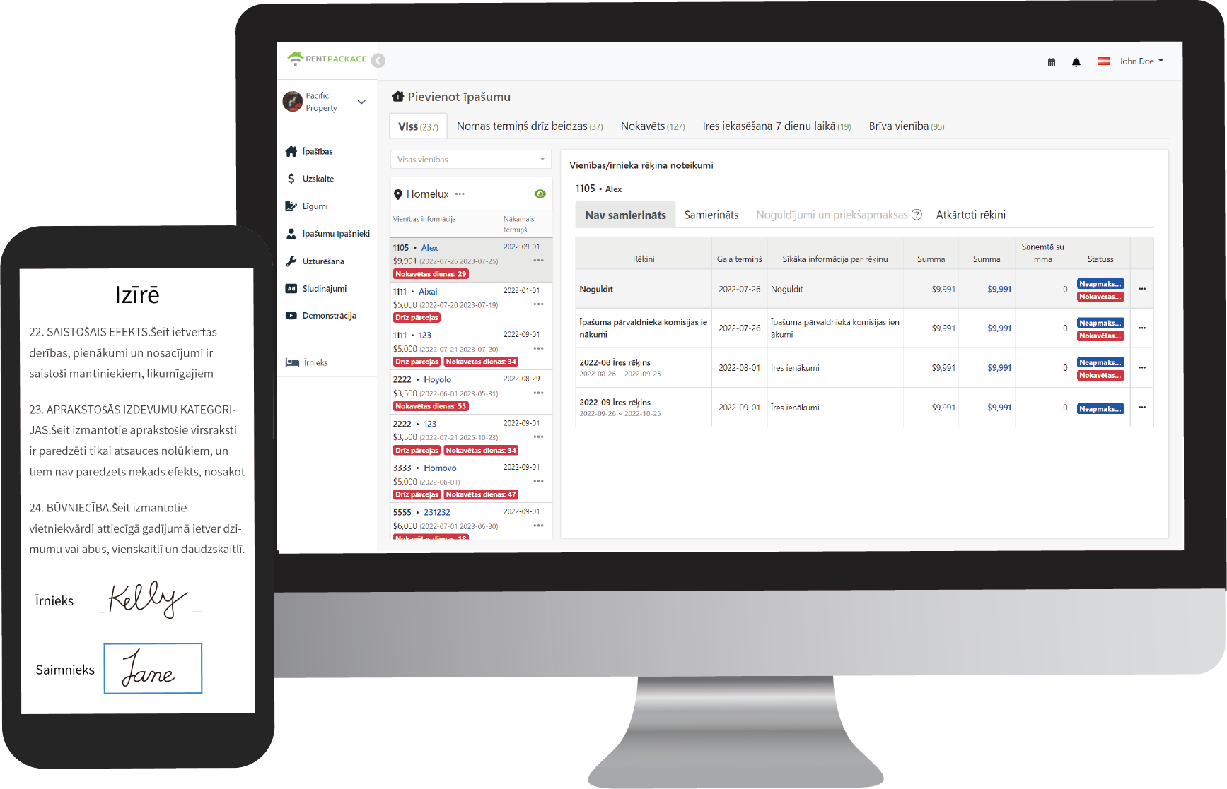 RentPackage īres pārvaldības programmatūras saskarnes priekšskatījums