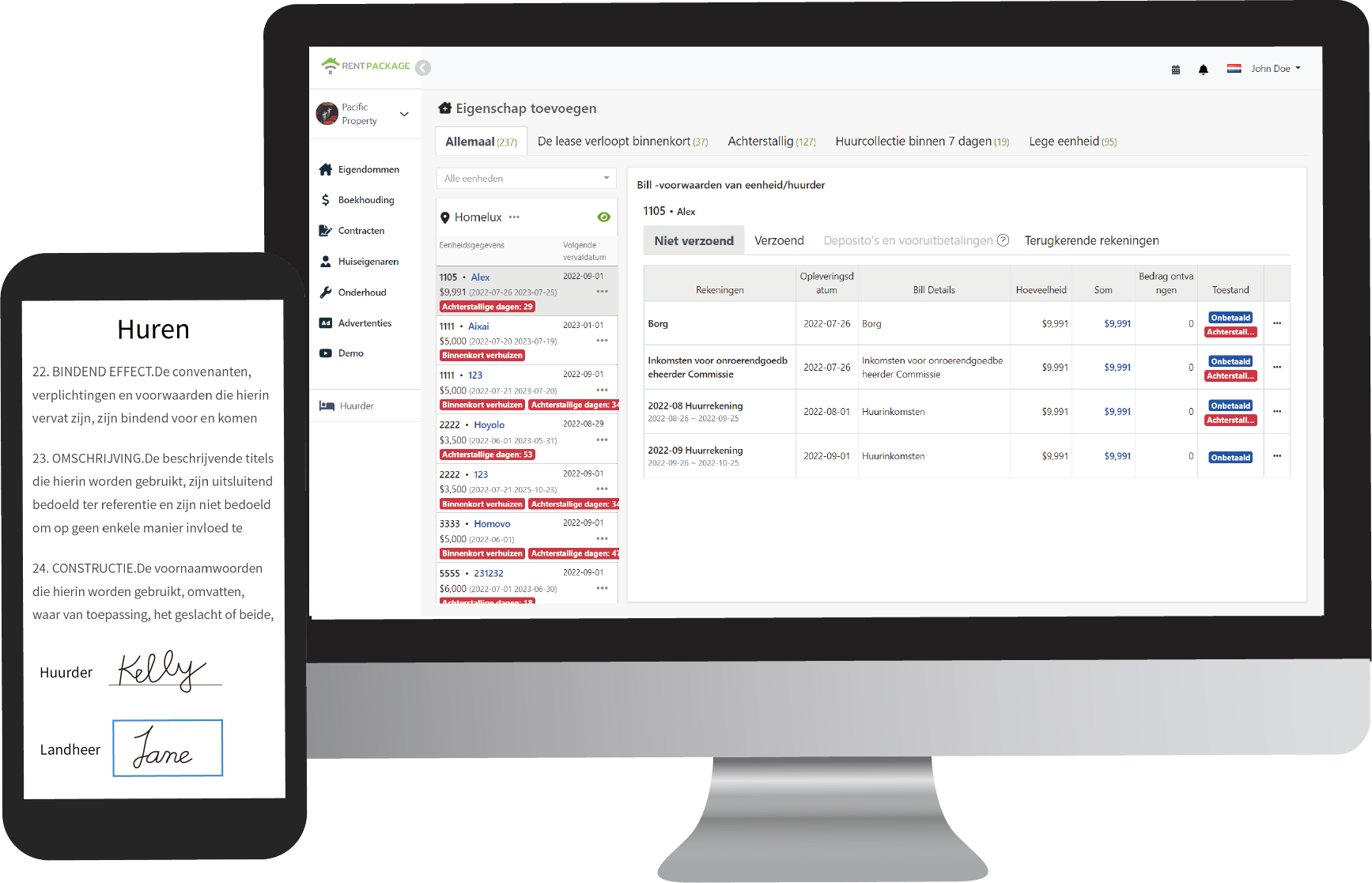 RentPackage verhuurbeheer software-interfacevoorbeeld