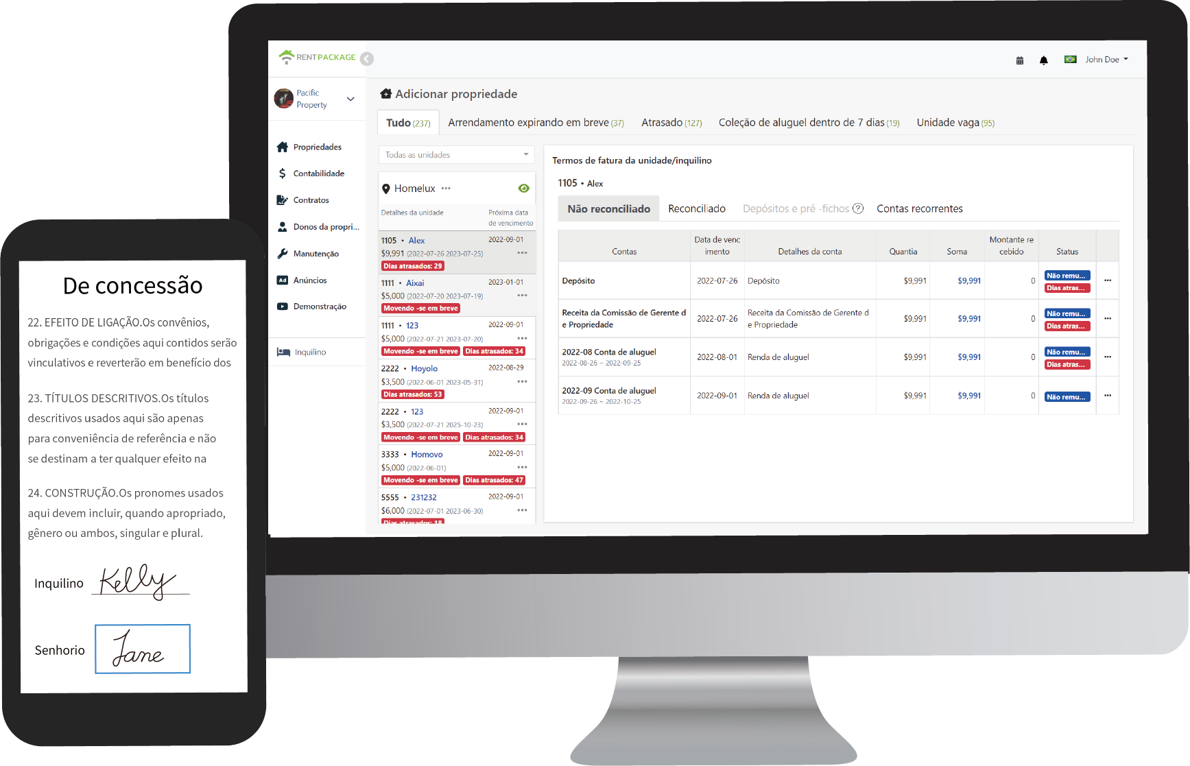 Visualização da interface do software de gestão de aluguéis RentPackage
