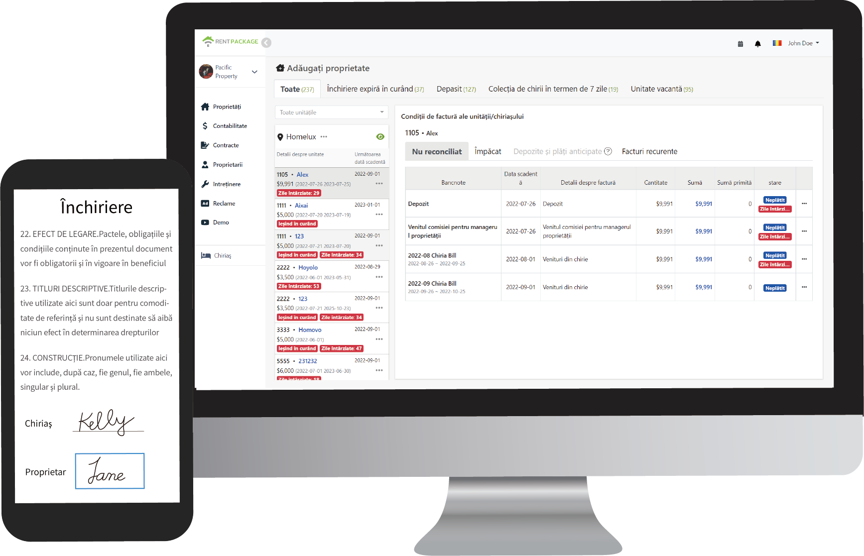 Previzualizare interfață RentPackage Software de Gestionare a Proprietății