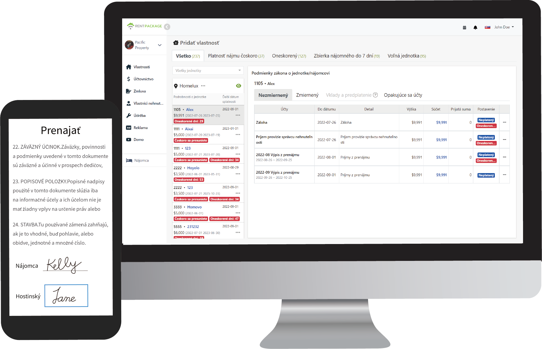 RentPackage - náhľad používateľského rozhrania pre správu nehnuteľností