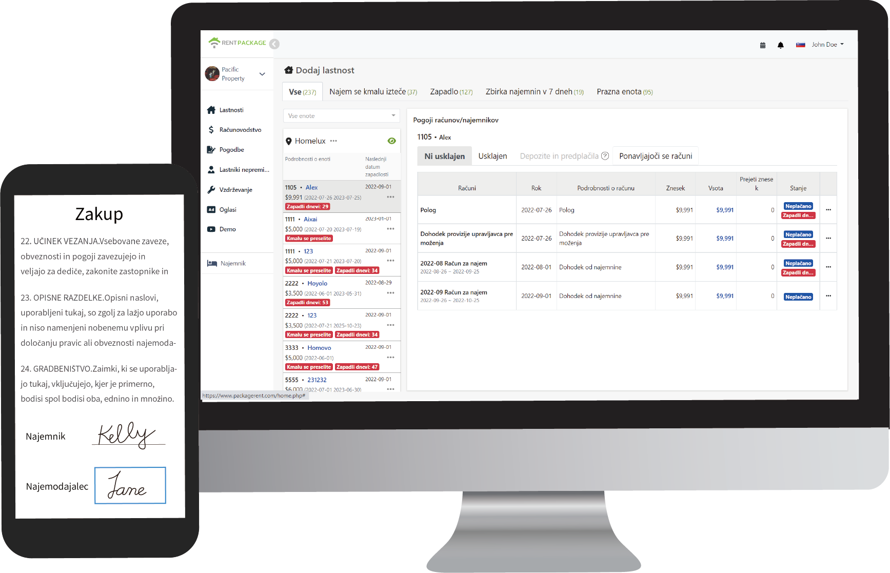 Predogled uporabniškega vmesnika RentPackage za upravljanje nepremičnin
